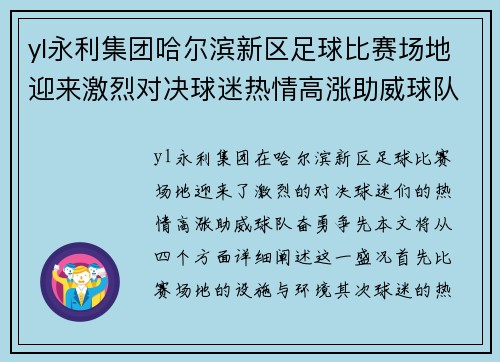 yl永利集团哈尔滨新区足球比赛场地迎来激烈对决球迷热情高涨助威球队奋勇争先