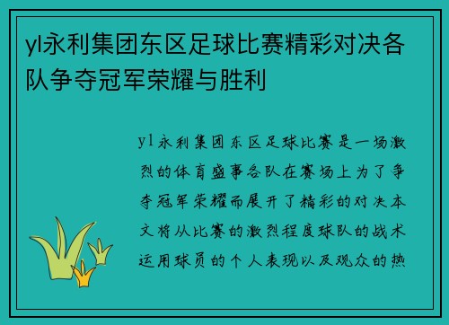 yl永利集团东区足球比赛精彩对决各队争夺冠军荣耀与胜利